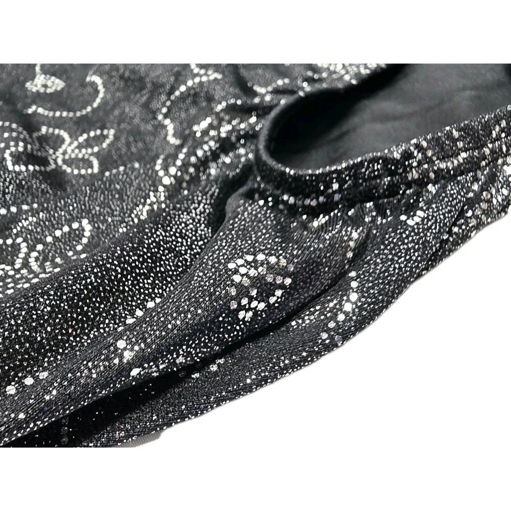 GK Elite VTG Foiled Floral Dot Silver Black LS Velvet Sleeves Leotard Size AS
